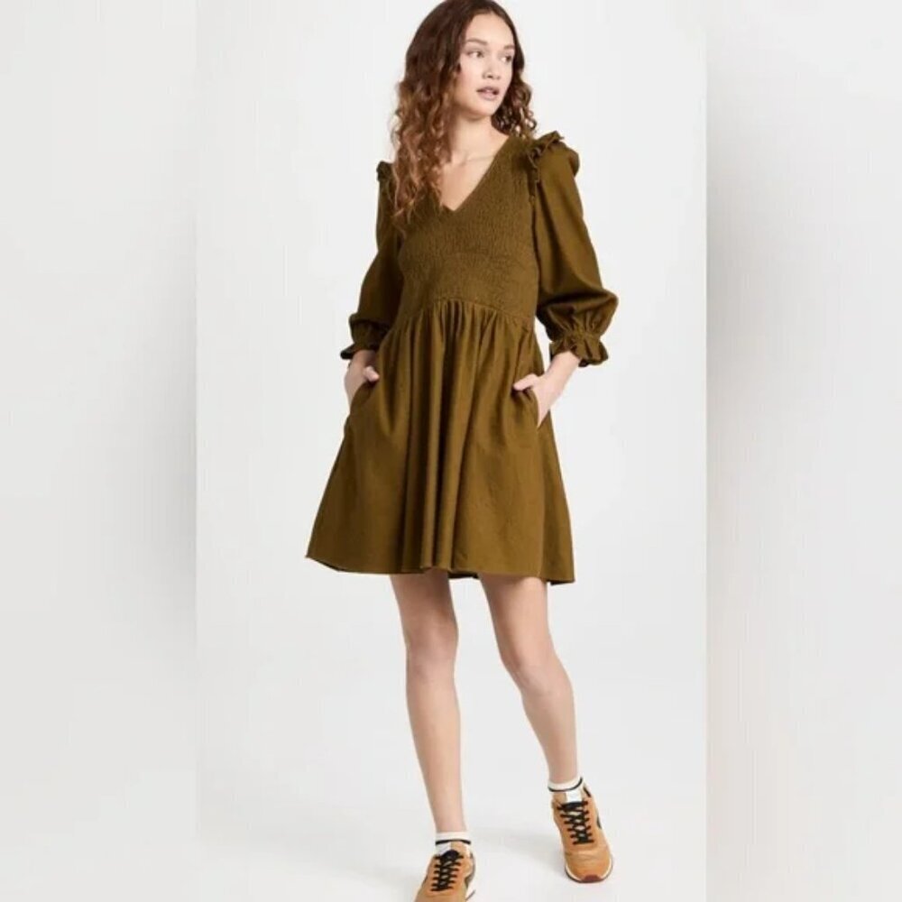 Madewell Flannel Lucie V-Neck Smocked Mini Dress Size 3X Weathered Olive Green